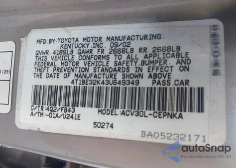 2003 Toyota Camry Le from USA, damaged, VIN 4T1BE32K43U649349